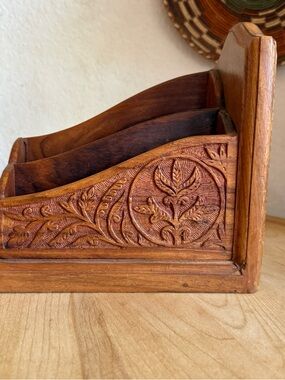 Vintage Desktop Wooden Mail/Bill Organizer Sorter Bookends Victorian Art Nouveau